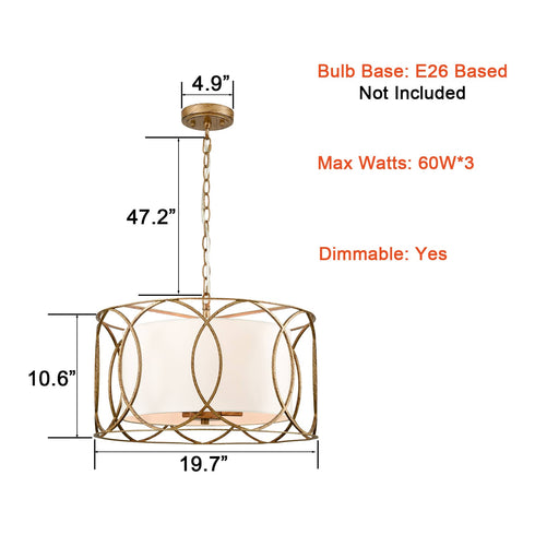 Modern Drum Chandelier Brass Fabric 3-Light Dining Room Pendant